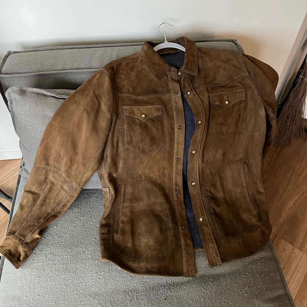 Massimo Dutti Suede Jacket with western-style pearl snap closure and pockets.